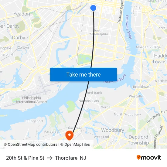 20th St & Pine St to Thorofare, NJ map