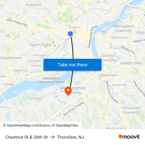 Chestnut St & 36th St to Thorofare, NJ map