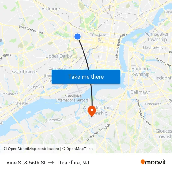 Vine St & 56th St to Thorofare, NJ map
