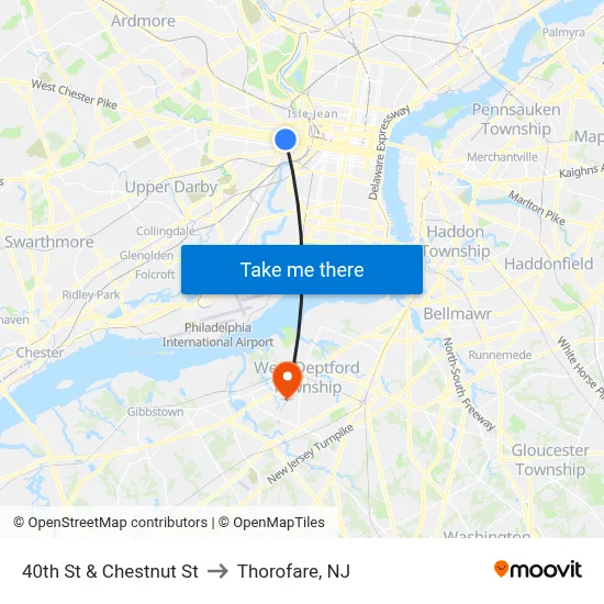40th St & Chestnut St to Thorofare, NJ map