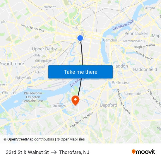 33rd St & Walnut St to Thorofare, NJ map