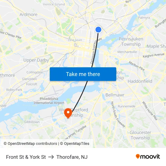 Front St & York St to Thorofare, NJ map