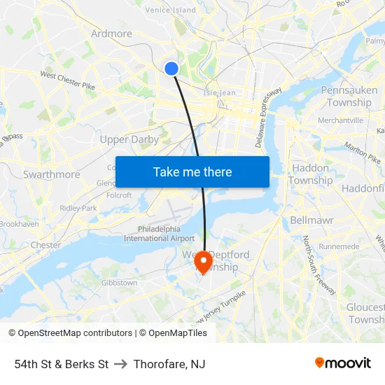 54th St & Berks St to Thorofare, NJ map