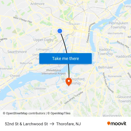 52nd St & Larchwood St to Thorofare, NJ map
