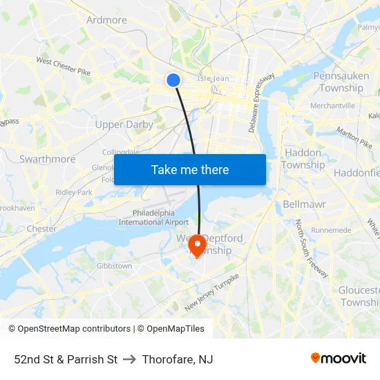 52nd St & Parrish St to Thorofare, NJ map