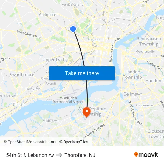54th St & Lebanon Av to Thorofare, NJ map