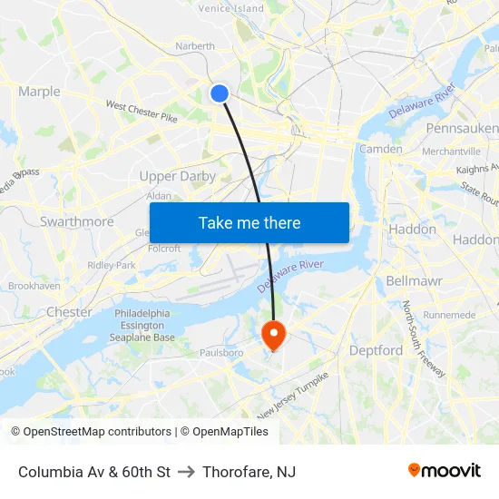 Columbia Av & 60th St to Thorofare, NJ map