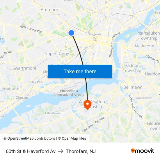 60th St & Haverford Av to Thorofare, NJ map