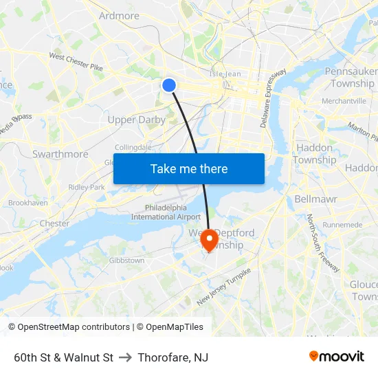 60th St & Walnut St to Thorofare, NJ map