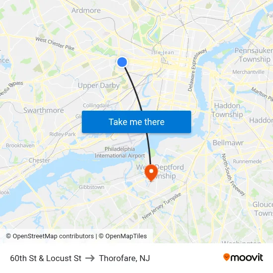 60th St & Locust St to Thorofare, NJ map