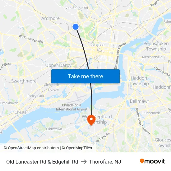 Old Lancaster Rd & Edgehill Rd to Thorofare, NJ map
