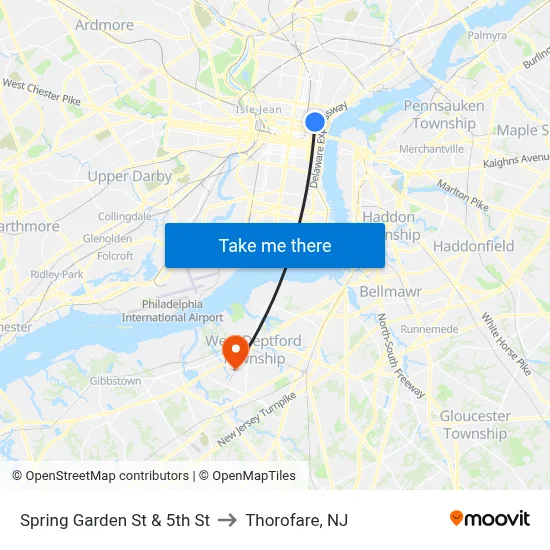 Spring Garden St & 5th St to Thorofare, NJ map