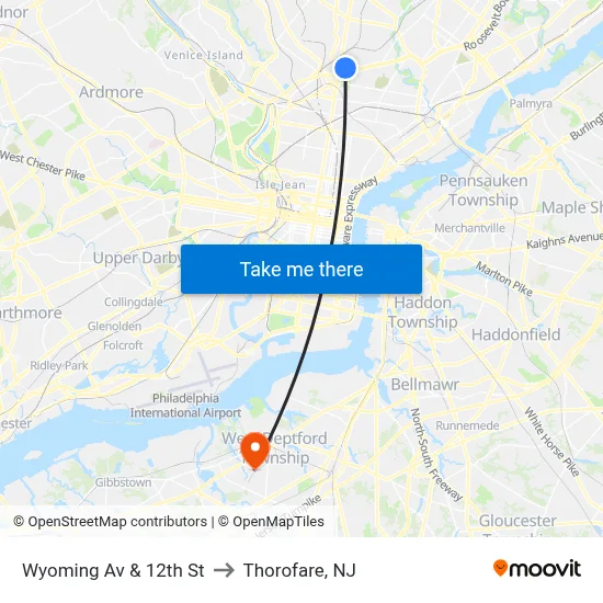 Wyoming Av & 12th St to Thorofare, NJ map