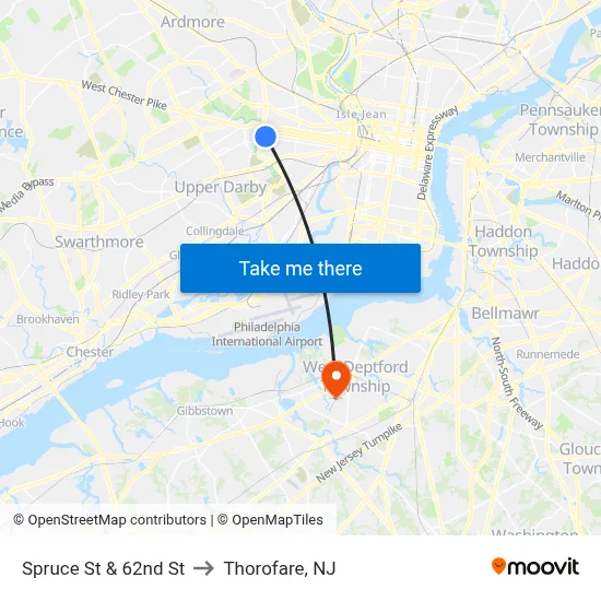 Spruce St & 62nd St to Thorofare, NJ map