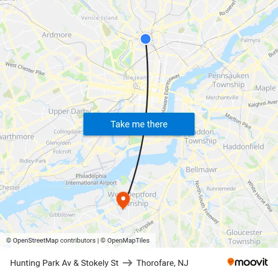Hunting Park Av & Stokely St to Thorofare, NJ map
