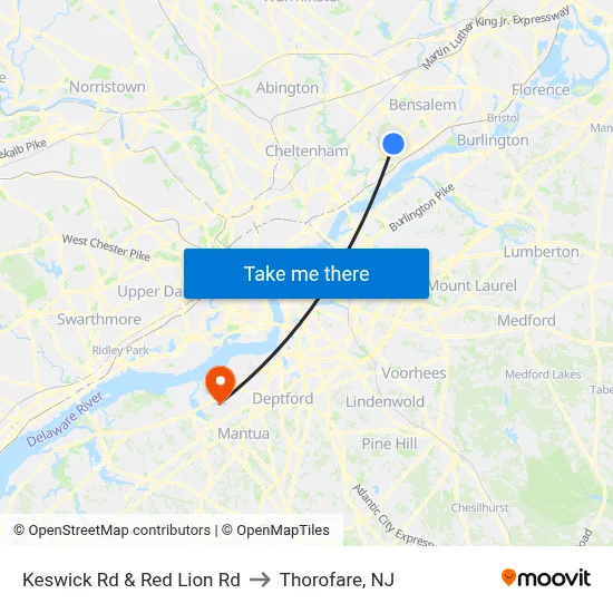 Keswick Rd & Red Lion Rd to Thorofare, NJ map