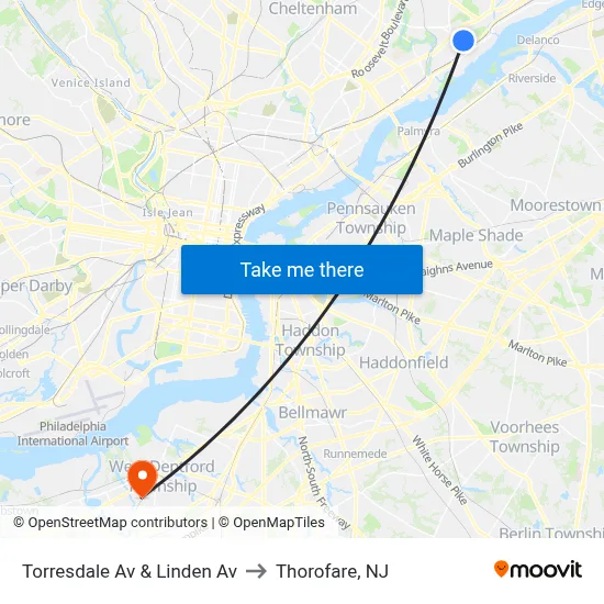 Torresdale Av & Linden Av to Thorofare, NJ map