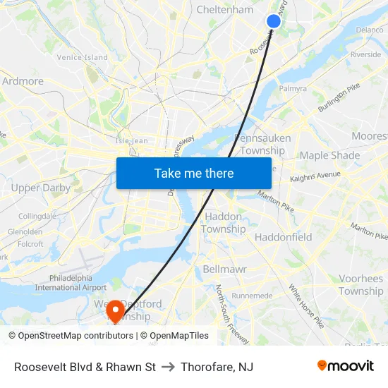 Roosevelt Blvd & Rhawn St to Thorofare, NJ map