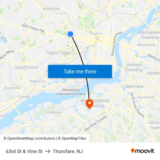63rd St & Vine St to Thorofare, NJ map