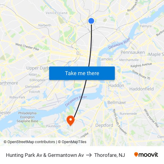 Hunting Park Av & Germantown Av to Thorofare, NJ map