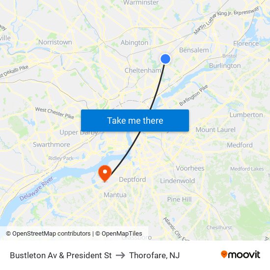 Bustleton Av & President St to Thorofare, NJ map