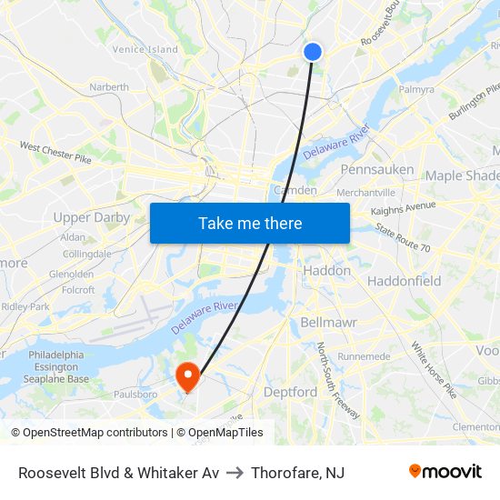 Roosevelt Blvd & Whitaker Av to Thorofare, NJ map