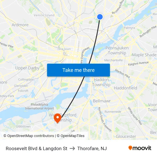 Roosevelt Blvd & Langdon St to Thorofare, NJ map