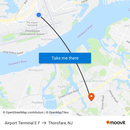 Airport Terminal E F to Thorofare, NJ map