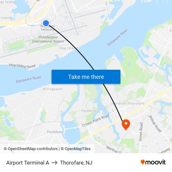 Airport Terminal A to Thorofare, NJ map