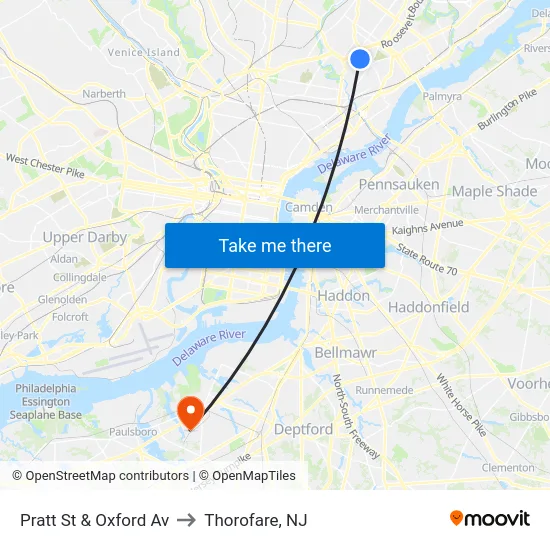 Pratt St & Oxford Av to Thorofare, NJ map