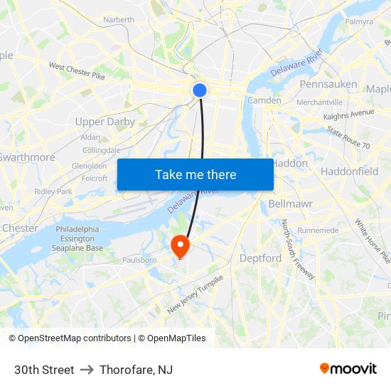 30th Street to Thorofare, NJ map
