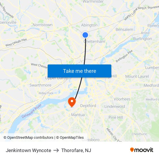 Jenkintown Wyncote to Thorofare, NJ map