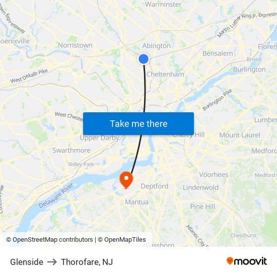 Glenside to Thorofare, NJ map