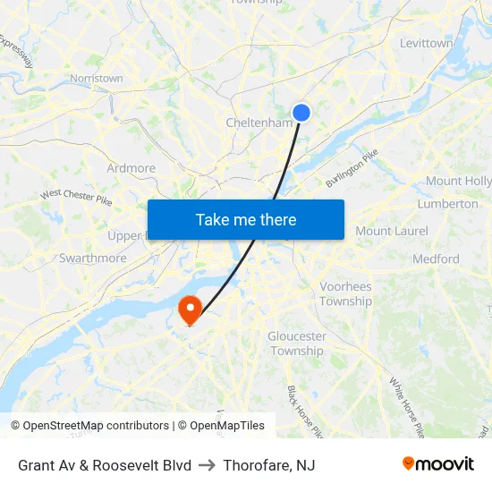 Grant Av & Roosevelt Blvd to Thorofare, NJ map
