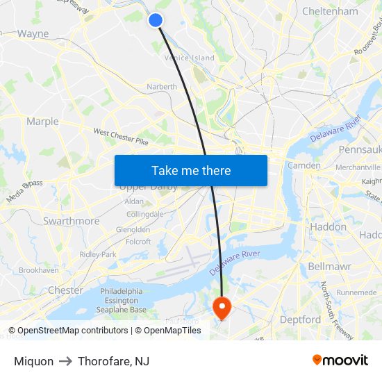 Miquon to Thorofare, NJ map