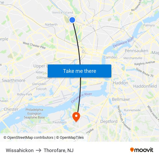 Wissahickon to Thorofare, NJ map