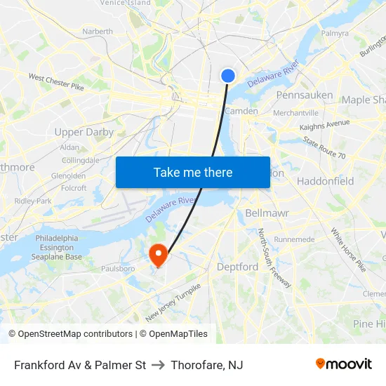 Frankford Av & Palmer St to Thorofare, NJ map
