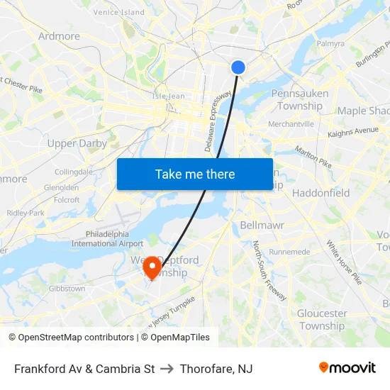 Frankford Av & Cambria St to Thorofare, NJ map