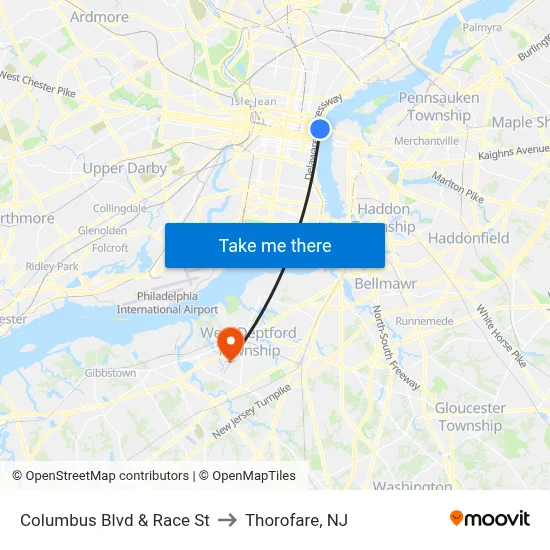 Columbus Blvd & Race St to Thorofare, NJ map