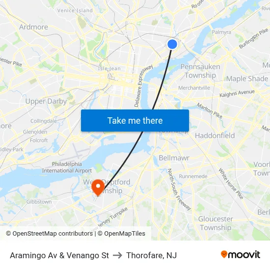 Aramingo Av & Venango St to Thorofare, NJ map