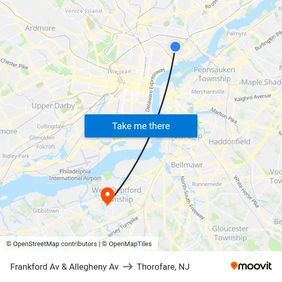 Frankford Av & Allegheny Av to Thorofare, NJ map