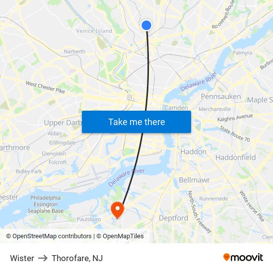 Wister to Thorofare, NJ map