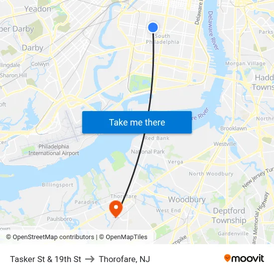 Tasker St & 19th St to Thorofare, NJ map