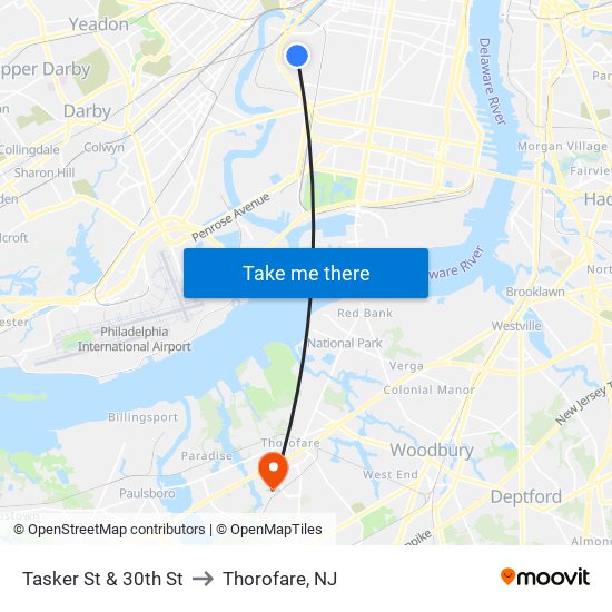 Tasker St & 30th St to Thorofare, NJ map