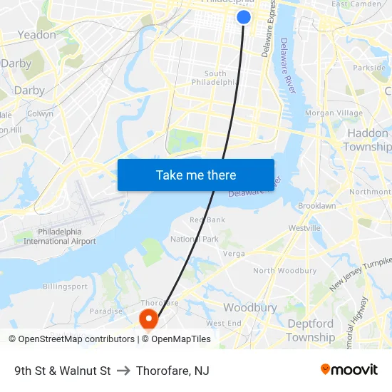9th St & Walnut St to Thorofare, NJ map