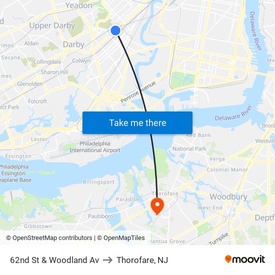 62nd St & Woodland Av to Thorofare, NJ map