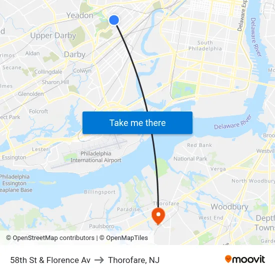 58th St & Florence Av to Thorofare, NJ map