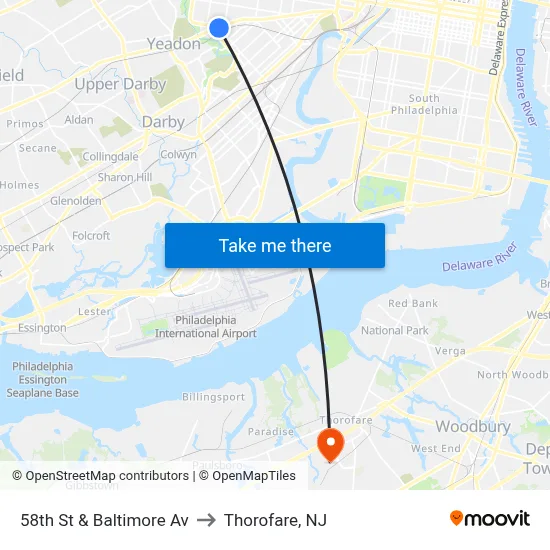 58th St & Baltimore Av to Thorofare, NJ map