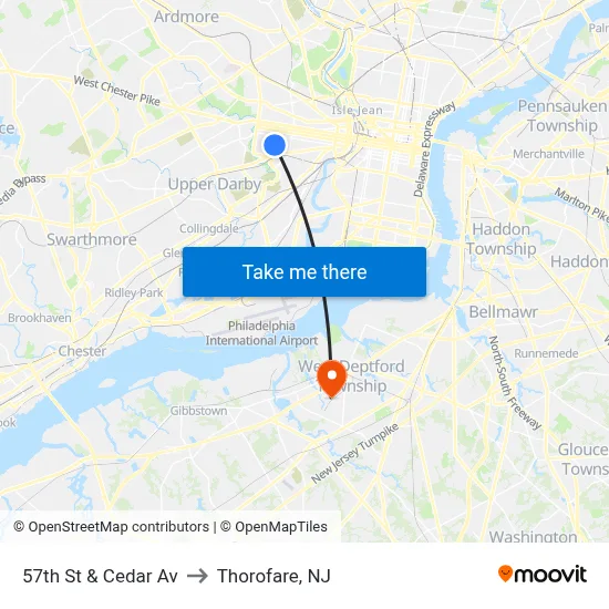 57th St & Cedar Av to Thorofare, NJ map