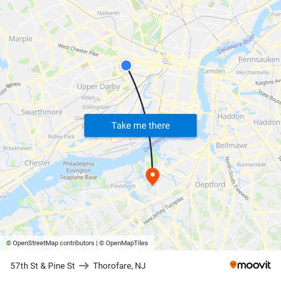 57th St & Pine St to Thorofare, NJ map